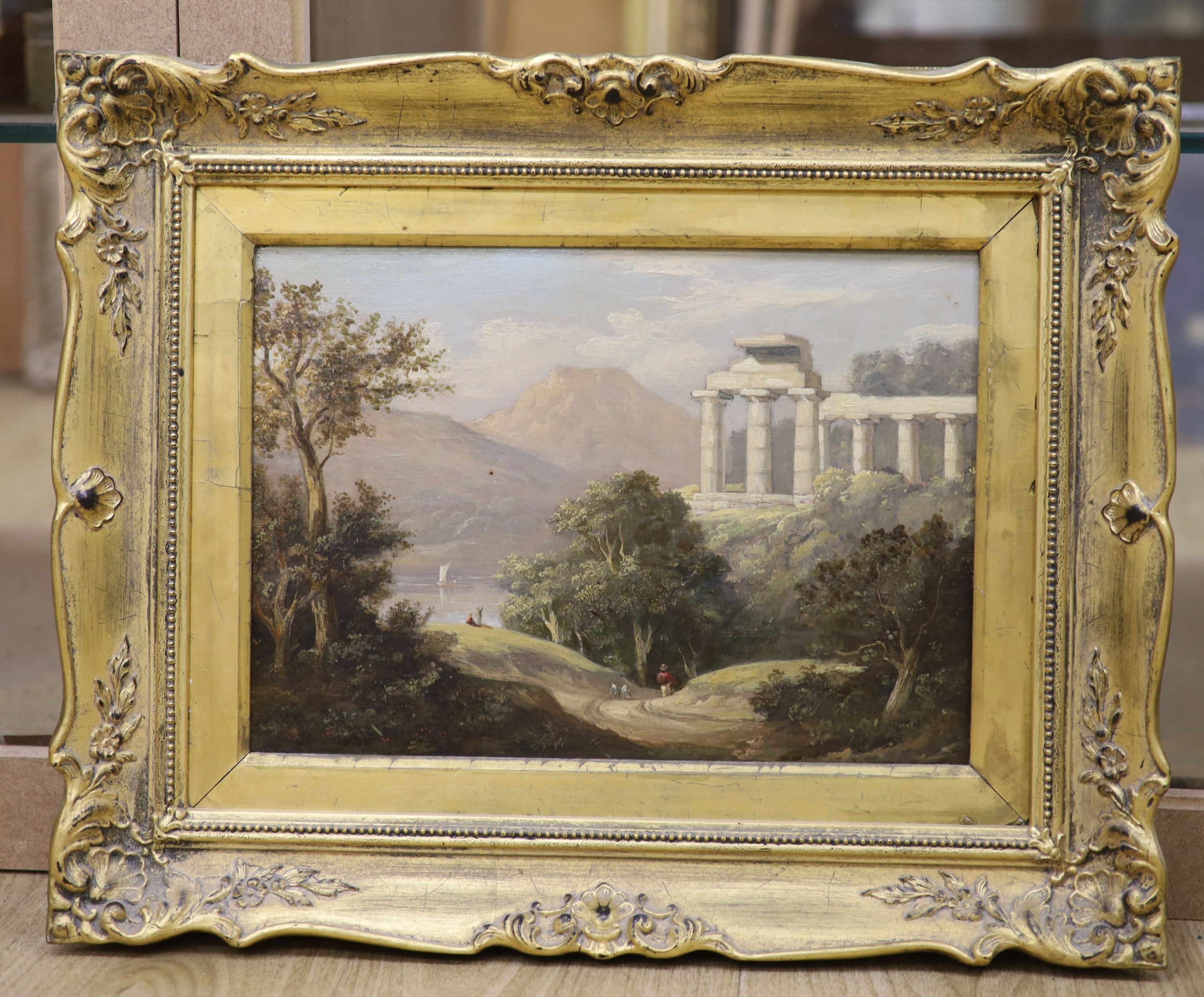 R. Watson (19th C.), oil on wooden panel, Shepherd in a Greek landscape, signed, 24 x 34cm